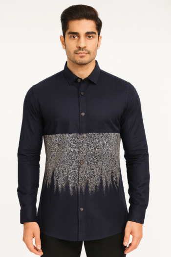 Men’s Navy Blue Festive Shirt with Ornamental Design