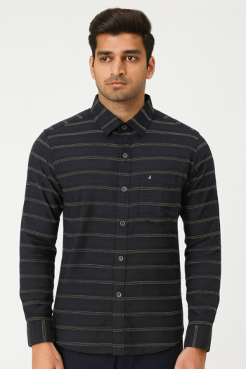 Men’s Black Casual Shirt with Subtle Olive Horizontal Stripes