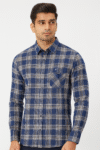 Men’s Navy Blue & Beige Checkered Casual Shirt with Dual Chest Pockets