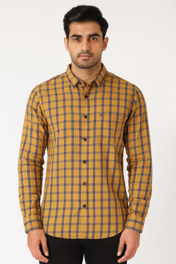Mustard Yellow & Blue Checked Slim Fit Cotton Casual Shirt for Men
