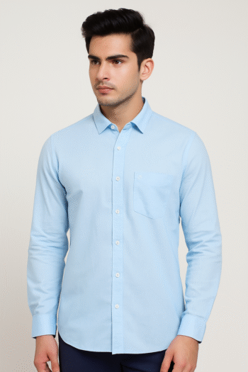 Light Blue Solid Slim Fit Cotton Casual Shirt for Men
