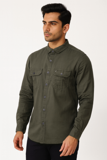Olive Green Dual Pocket Slim Fit Casual Shirt for Men