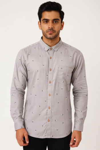 Light Grey Printed Slim Fit Casual Shirt for Men