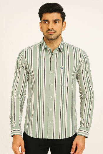 Men’s Green & White Vertical Stripe Casual Shirt
