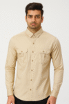 Men’s Beige Utility Casual Shirt with Dual Pockets