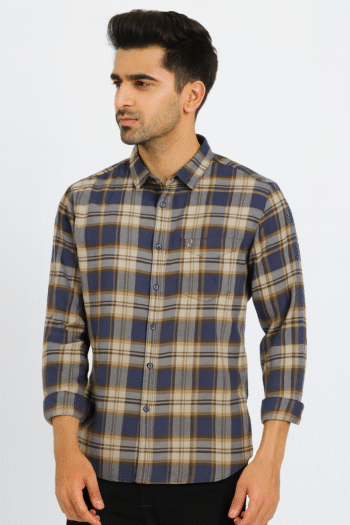 Men’s Navy Blue & Brown Checked Casual Shirt