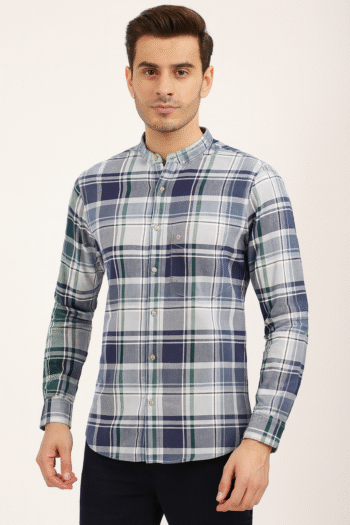Men’s White & Multicolor Checked Mandarin Collar Shirt