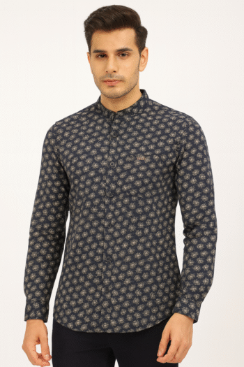 Men’s Navy Blue Printed Mandarin Collar Shirt