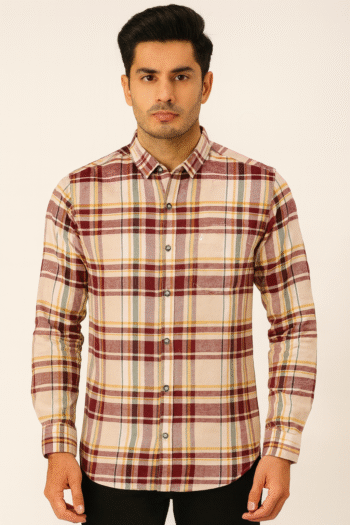 Men’s Beige & Maroon Checked Casual Shirt