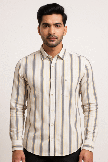 Beige and Grey Vertical Striped Cotton Casual Shirt for Men