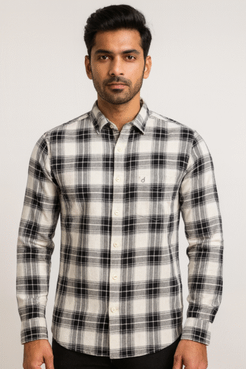 Black and White Checked Flannel Casual Shirt for Men
