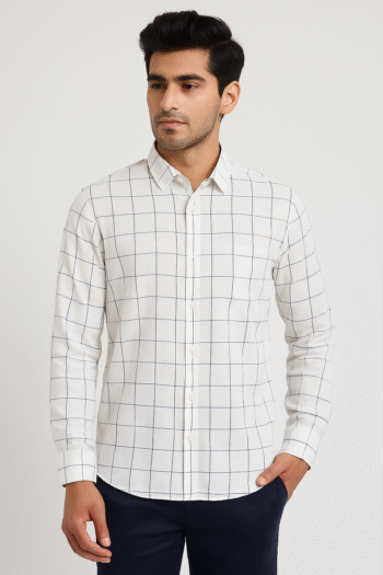 White Checked Cotton Casual Shirt for Men