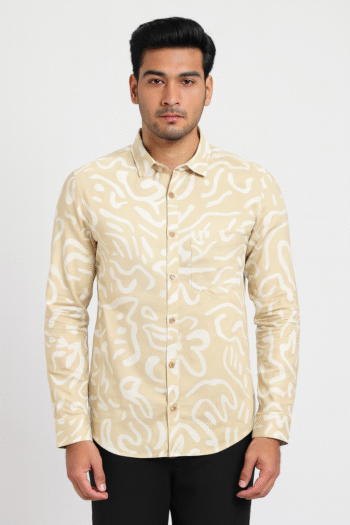 Beige & White Abstract Printed Cotton Shirt for Men