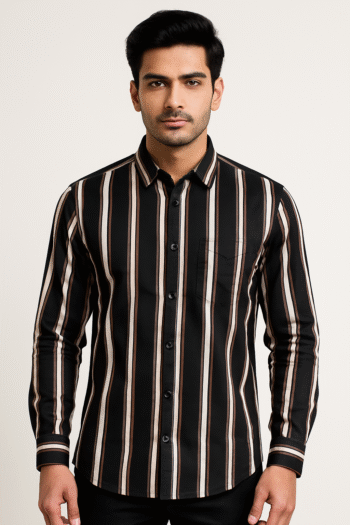 Black & Beige Vertical Striped Cotton Shirt for Men