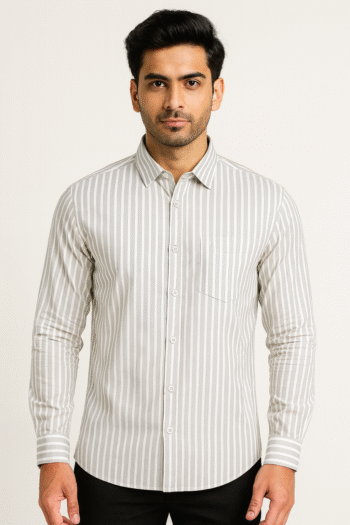 White & Grey Vertical Striped Cotton Shirt for Men