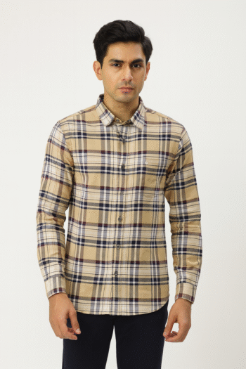 Beige & Navy Checked Casual Cotton Shirt for Men