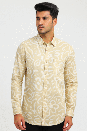 Beige Printed Casual Shirt with White Abstract Pattern for Men
