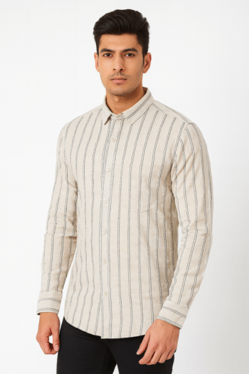 Beige Striped Casual Slim Fit Cotton Shirt for Men