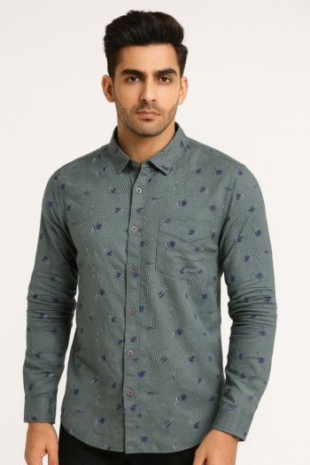 Men’s Green Slim Fit Shirt with Subtle Floral Print