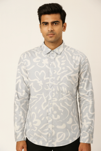 Men’s Light Grey Abstract Print Cotton Casual Shirt