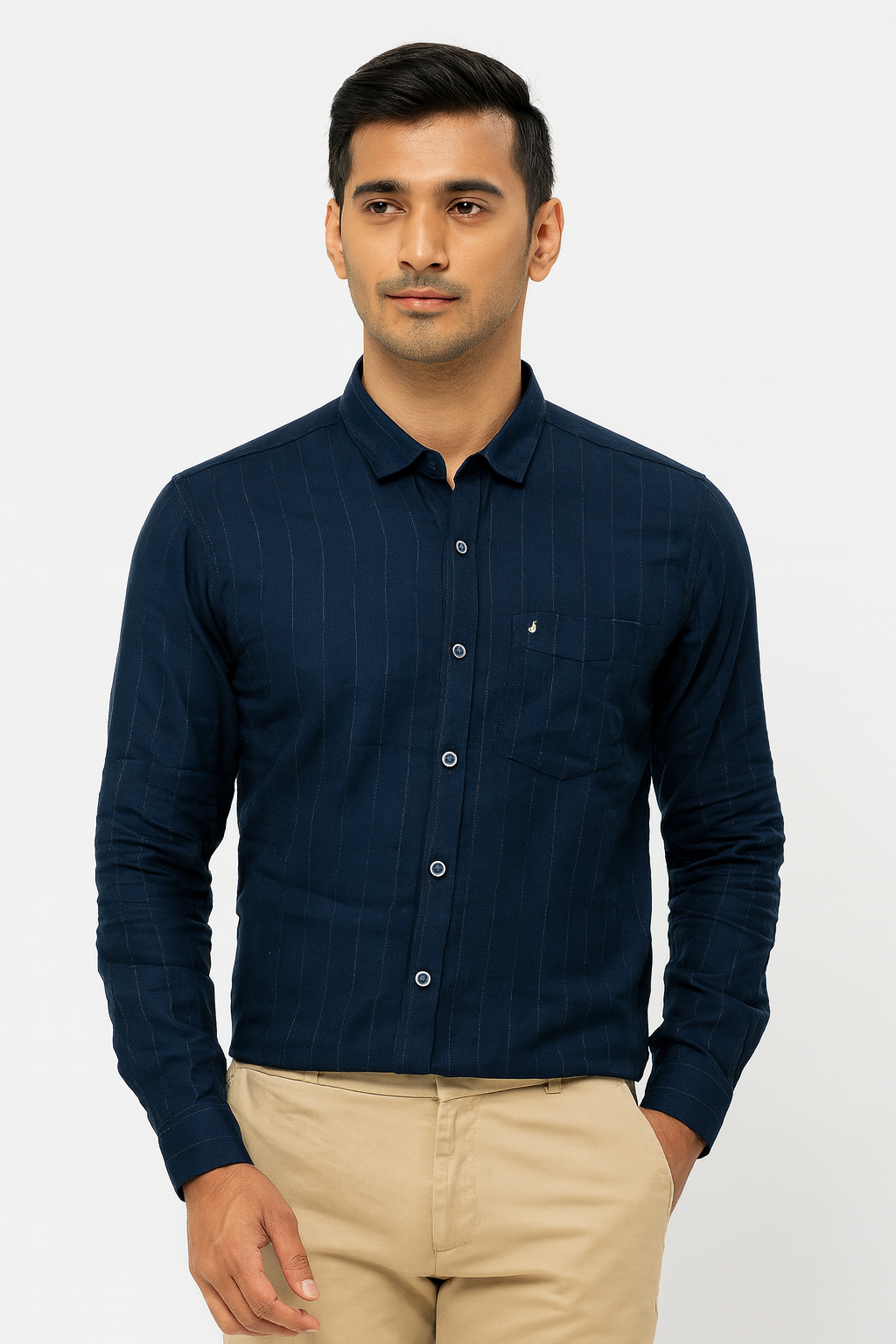 Men’s Navy Blue Striped Casual Slim Fit Shirt