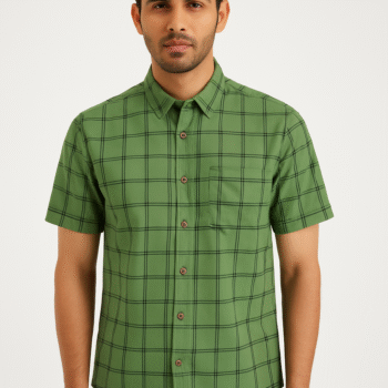 Green Checked Short-Sleeve Casual Shirt for Men