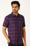 Men’s Navy Blue & Red Checked Short Sleeve Casual Shirt