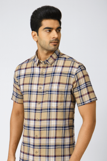 Men’s Beige & Navy Checked Short Sleeve Casual Shirt