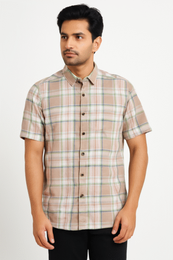 Men’s Beige & Green Checked Cotton Casual Shirt