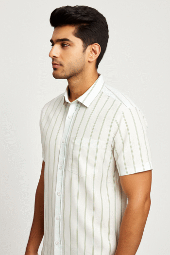 Men’s White & Green Striped Cotton Casual Shirt