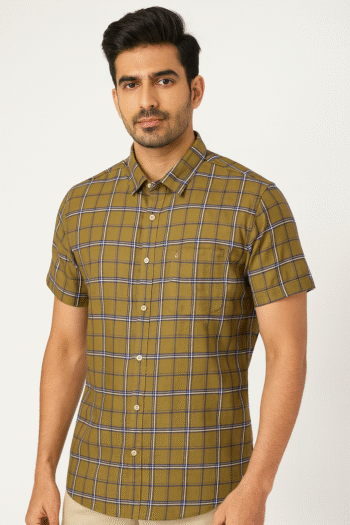Men’s Olive Green Checked Short Sleeve Shirt