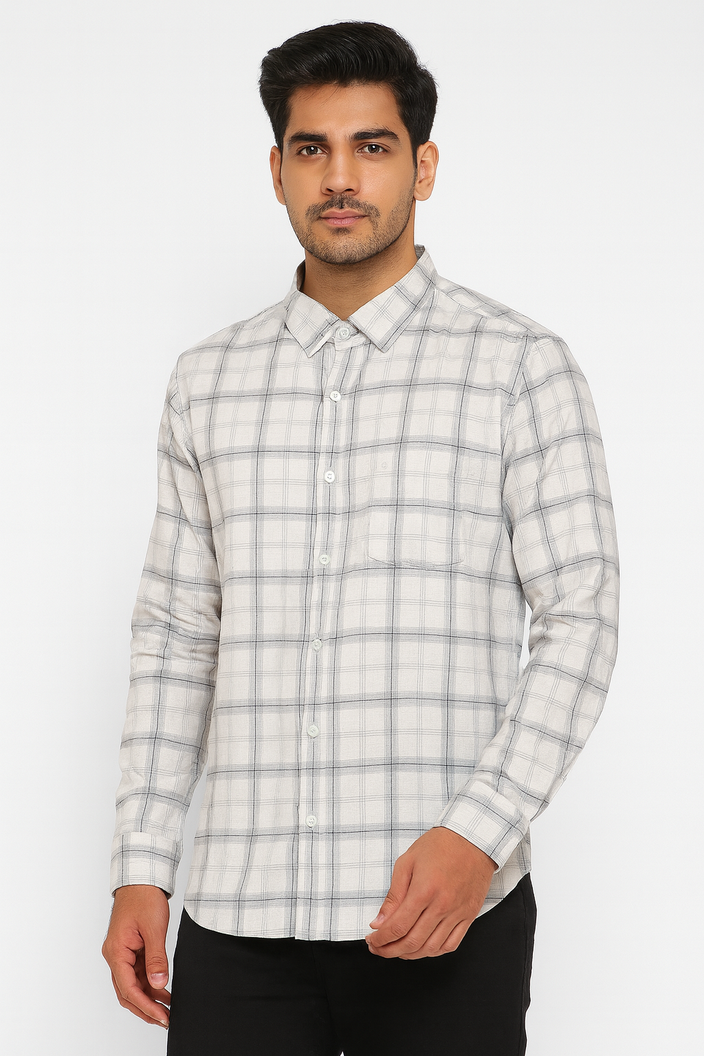 Beige & Grey Checked Slim Fit Cotton Shirt for Men