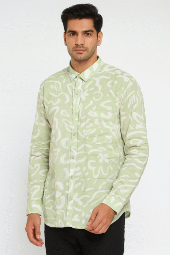 Light Green Abstract Print Cotton Shirt for Men