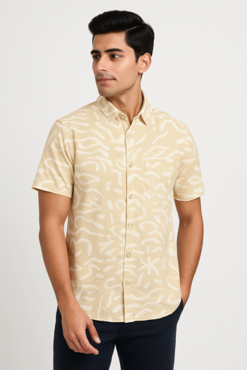 Men’s Beige Abstract Printed Short Sleeve Shirt