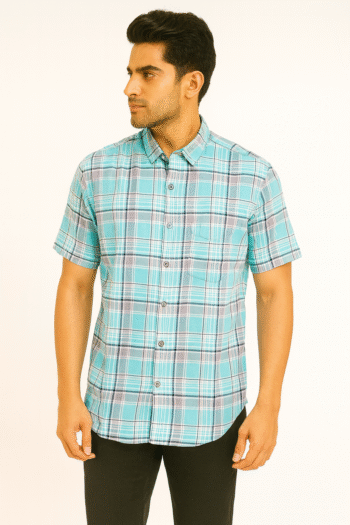 Men’s Aqua Blue & Grey Checked Short Sleeve Shirt