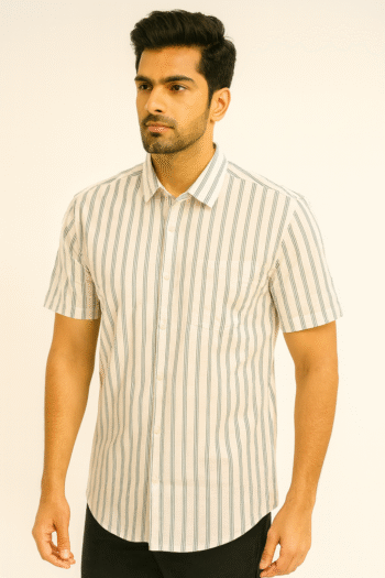 Men’s Short Sleeve Casual Shirt with Blue & White Vertical Stripes