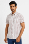 Men’s White & Maroon Vertical Striped Short Sleeve Shirt