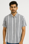 Men’s Grey & White Vertical Striped Short Sleeve Shirt