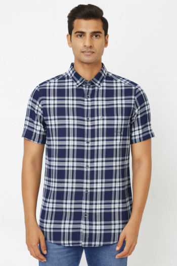 Men’s Navy Blue Checked Short Sleeve Shirt