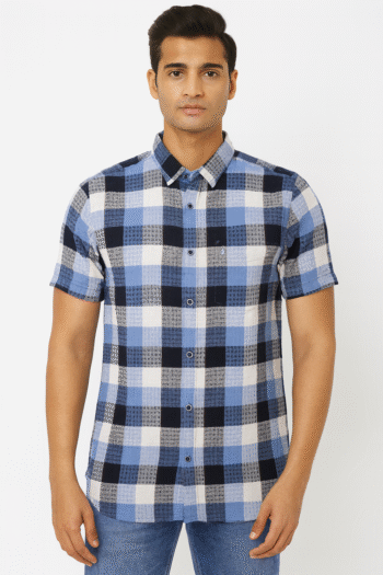Men’s Blue & Black Large Check Short Sleeve Shirt