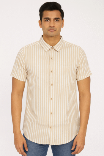 Men’s Beige & White Striped Short Sleeve Shirt