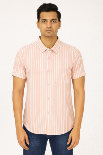Men’s Pink & White Vertical Striped Short Sleeve Shirt