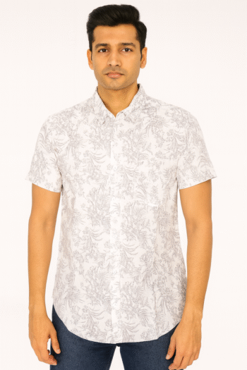 Men’s White Floral Print Short Sleeve Shirt