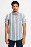 Men’s Grey & White Vertical Stripe Short Sleeve Shirt
