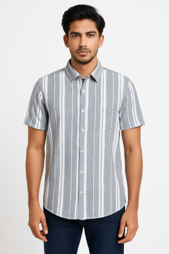 Men’s Grey & White Vertical Stripe Short Sleeve Shirt