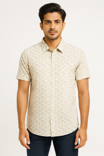 Men’s Beige Subtle Floral Print Short Sleeve Shirt