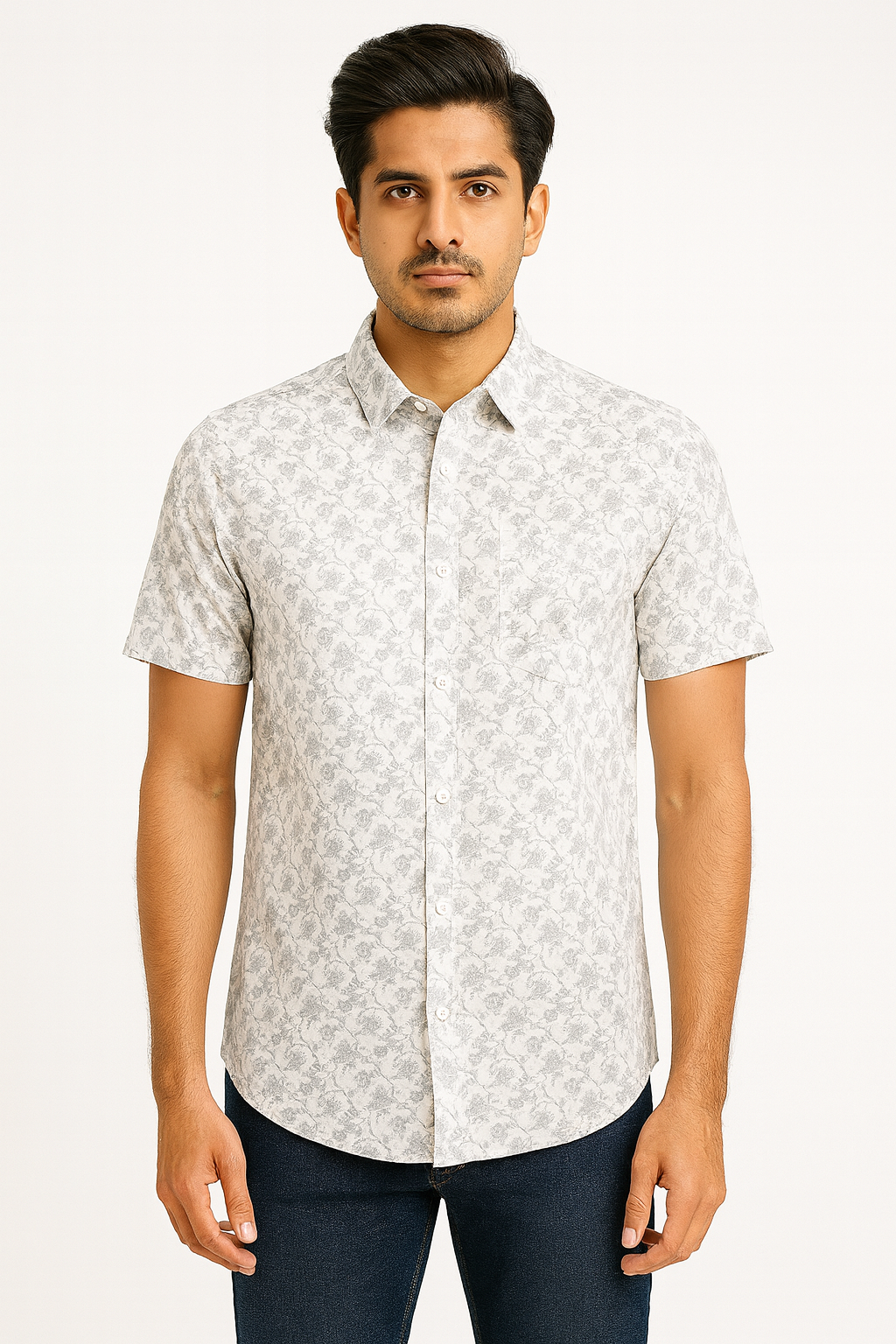 Men’s White & Grey Floral Print Short Sleeve Shirt