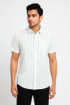 Men’s White & Green Vertical Striped Short Sleeve Shirt