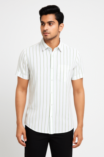 Men’s White & Green Vertical Striped Short Sleeve Shirt