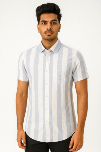 Men’s White & Light Blue Vertical Striped Short-Sleeve Shirt